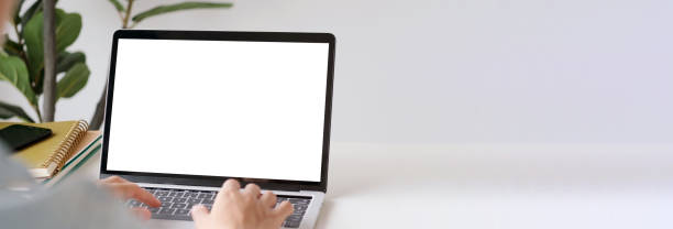 dkdkcee Laptop computer screen mockup, template background banner, Man hand typing laptop computer with blank screen, Business online, e commerce, online study concept